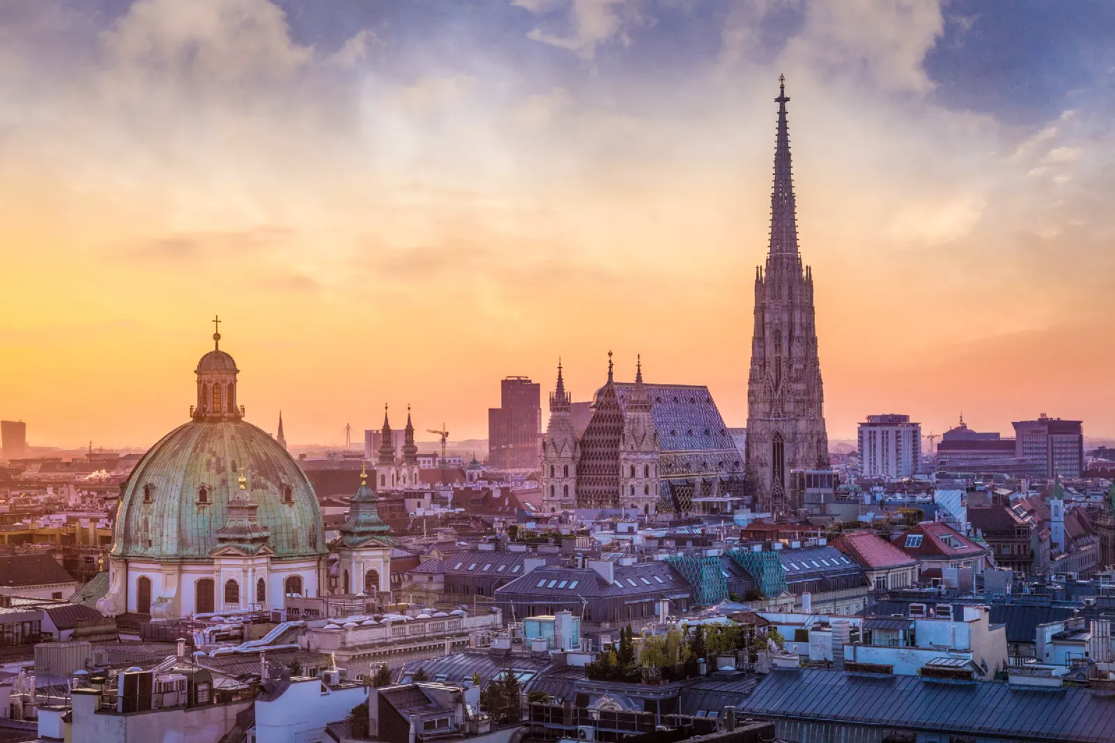 Eine Stadtansicht zeigt historische Dächer und einen hohen Kirchturm im Abendlicht.